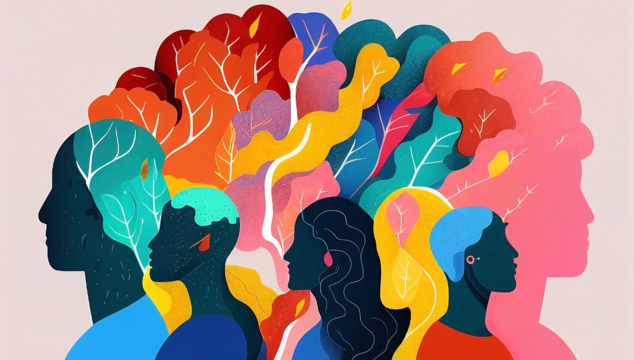Groupe coloré de personnes non identifiables symbolisant le concept de divergence mentale, émotionnelle et comportementale.