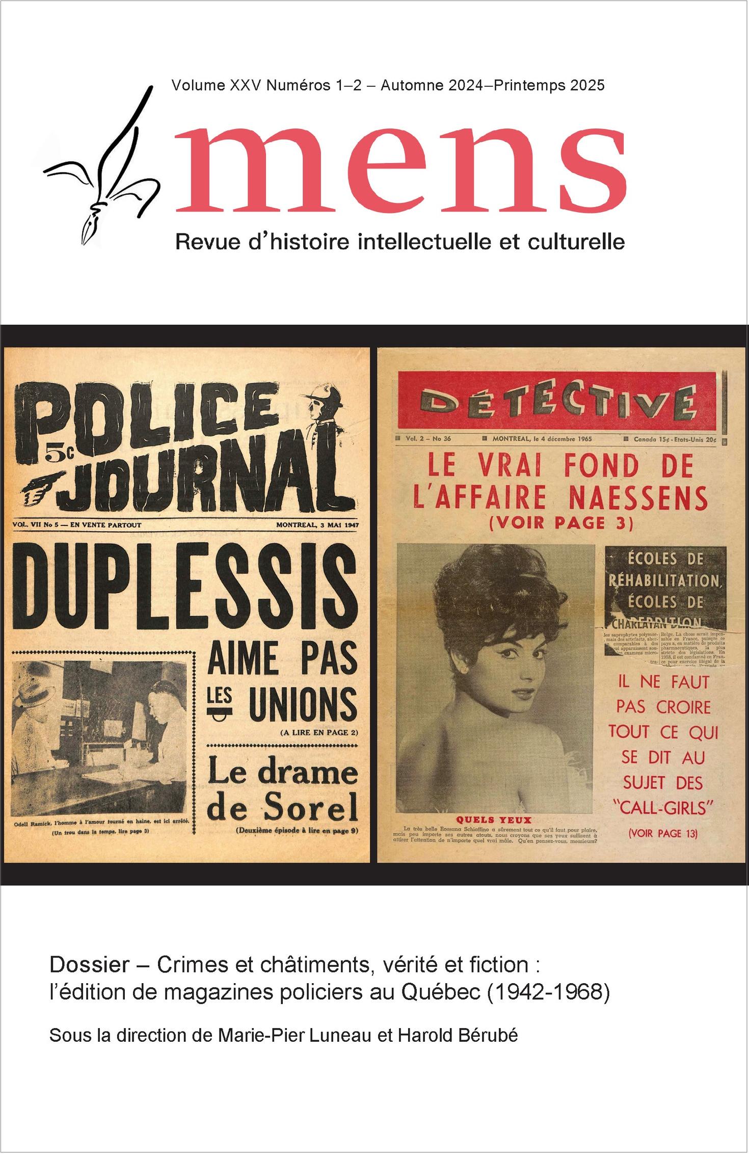 Page couverture du Vol. XXV nos 1-2 de la revue Mens avec, au centre, deux ancienne couvertures de journaux policiers.