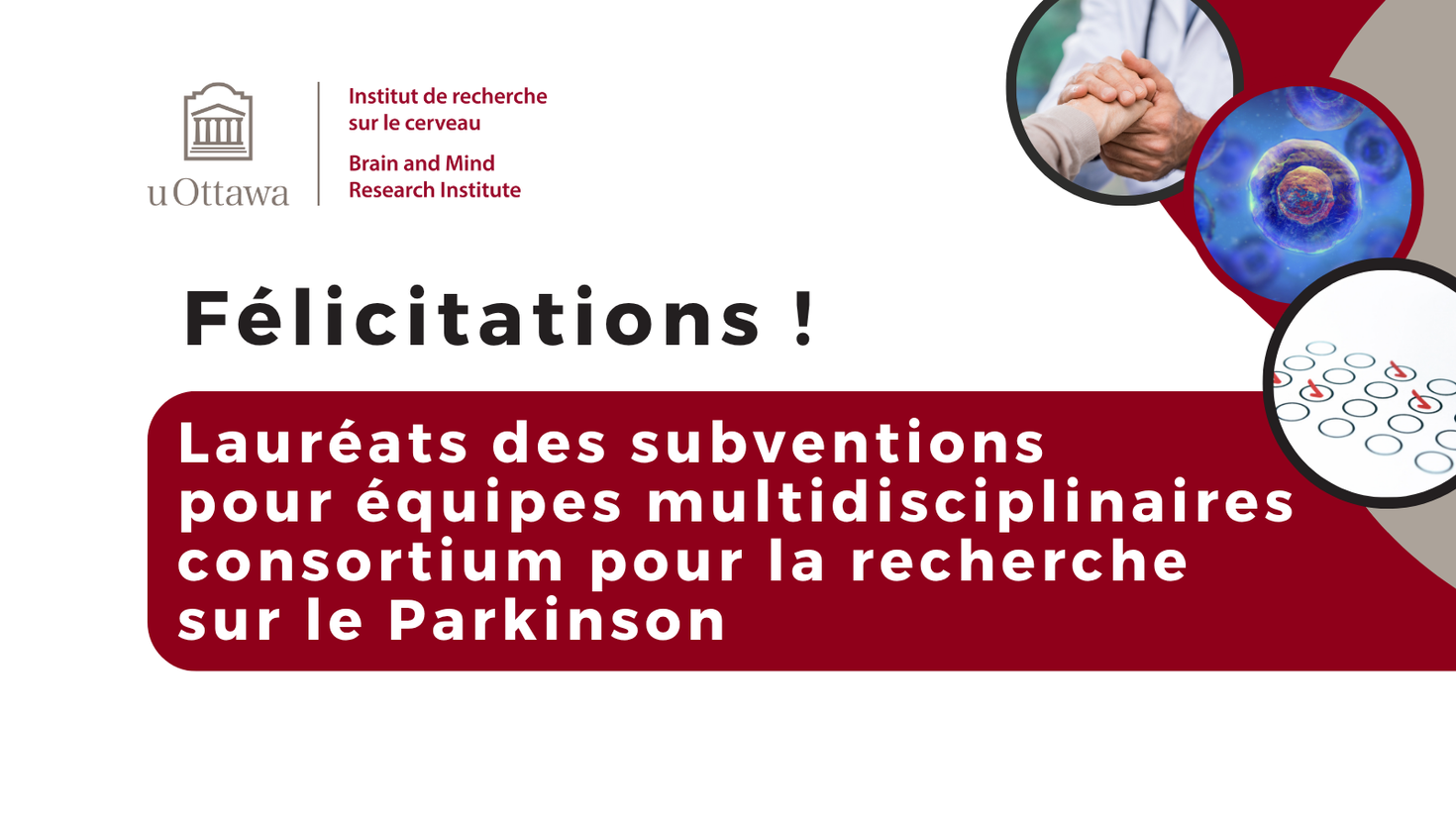Le graphique indique : « Félicitations ! Lauréats des subventions d'équipe multidisciplinaire du Consortium de recherche sur la maladie de Parkinson (PRC). »