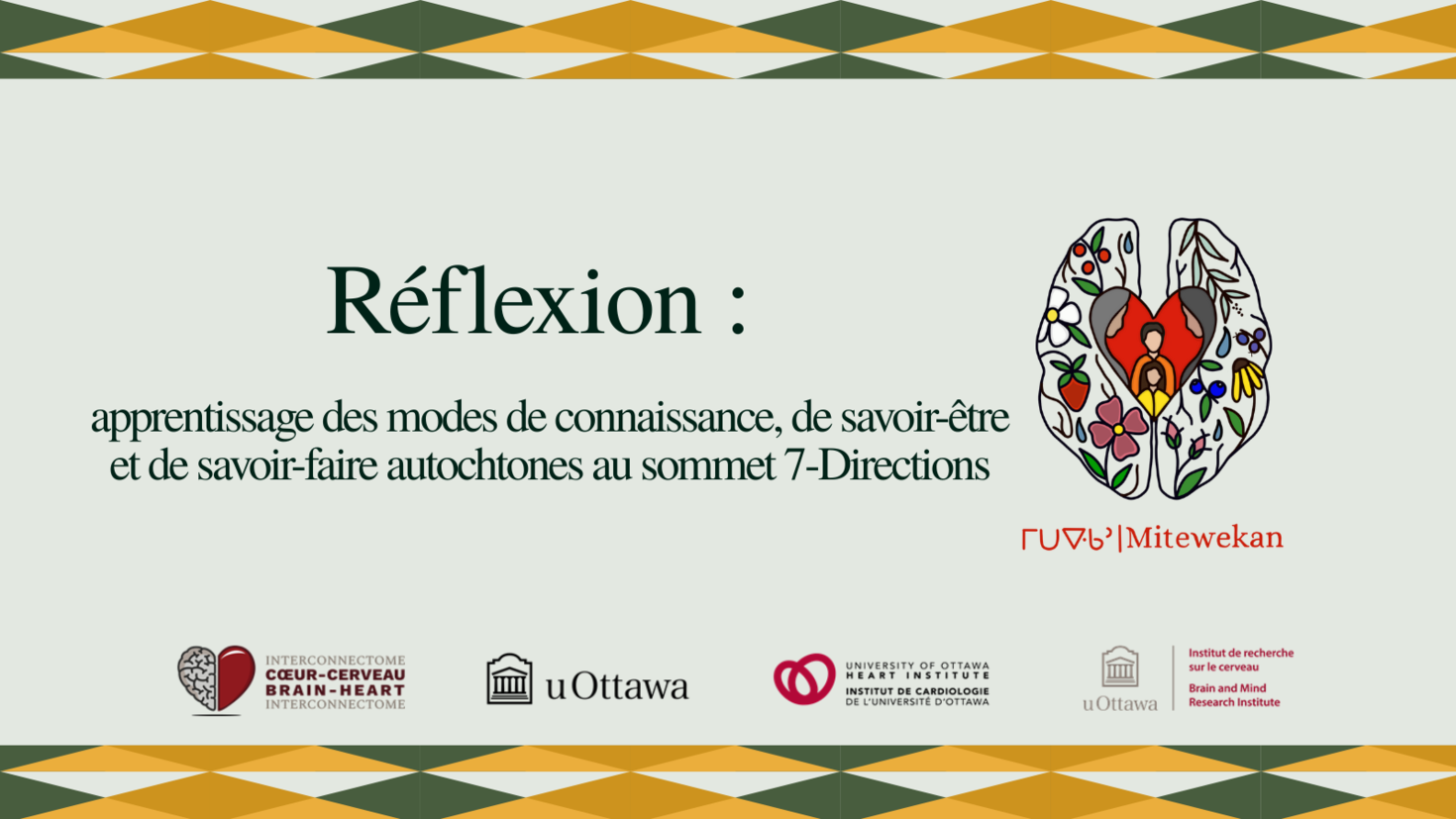 Le texte dit : « Réflexions sur le savoir autochtone. Apprendre les façons autochtones de savoir, d'être et de faire au sommet des 7 directions. »