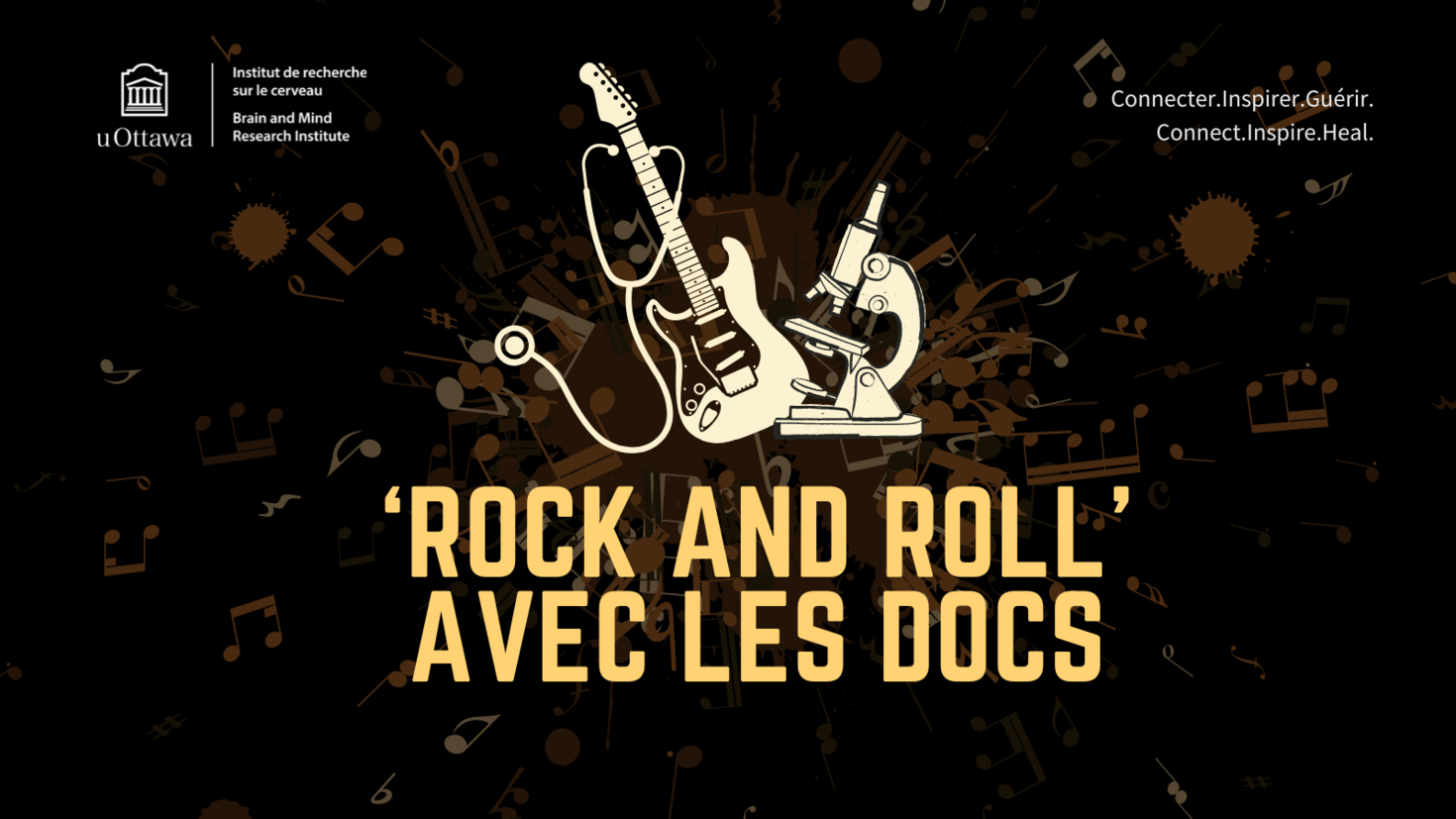 rock and roll avec les docs affiche avec un graphique de stéthoscope, de guitare et de microscope au milieu de l'image.