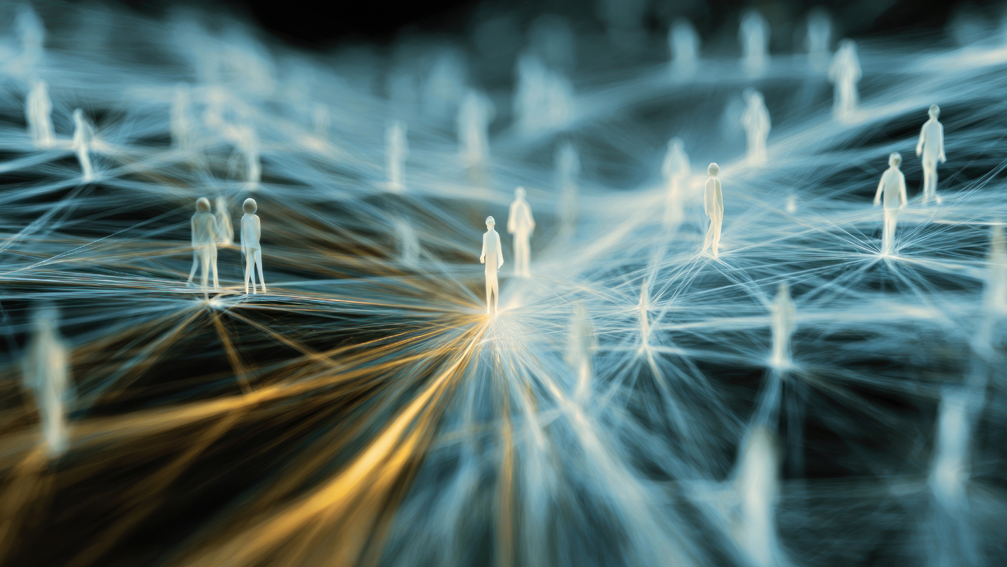 Image abstraite montrant de petites silhouettes humaines reliées par des lignes lumineuses, représentant les réseaux numériques et la collaboration.
