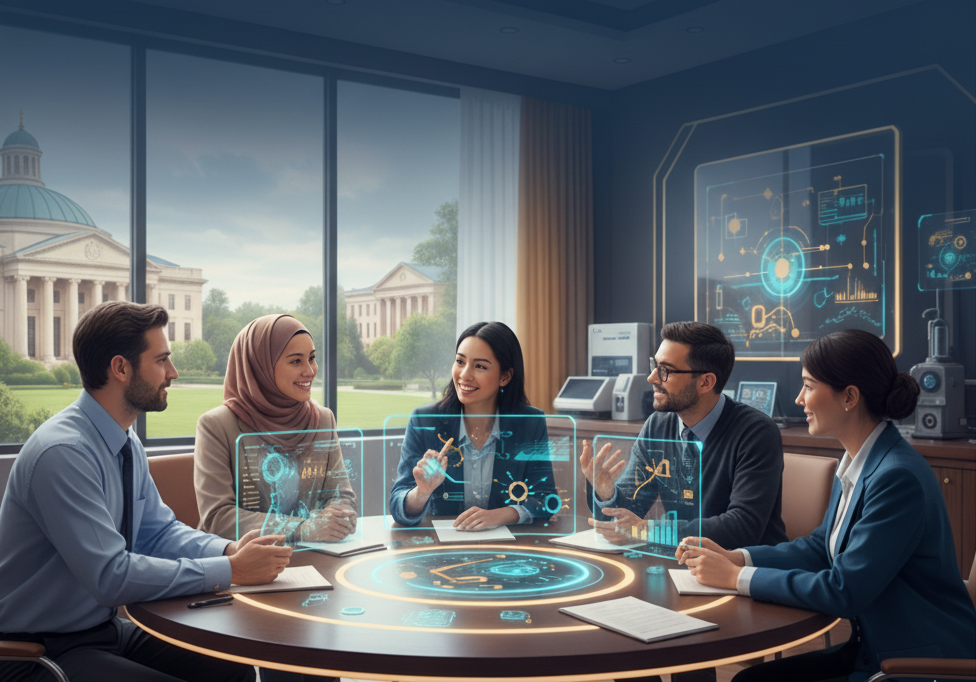 Un groupe de cinq personnes est assis autour d’une table circulaire dans une salle de réunion.