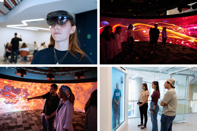 Des étudiantes et étudiants de l'Université d'Ottawa découvrent les installations et les technologies d'INNOVA, notamment le cylindre immersif et le HoloLens