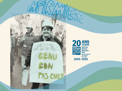 Visuel du forum infirmier CRCCF et URHN, avec photo d'archive et logo, sur fond bleu, vert et beige.