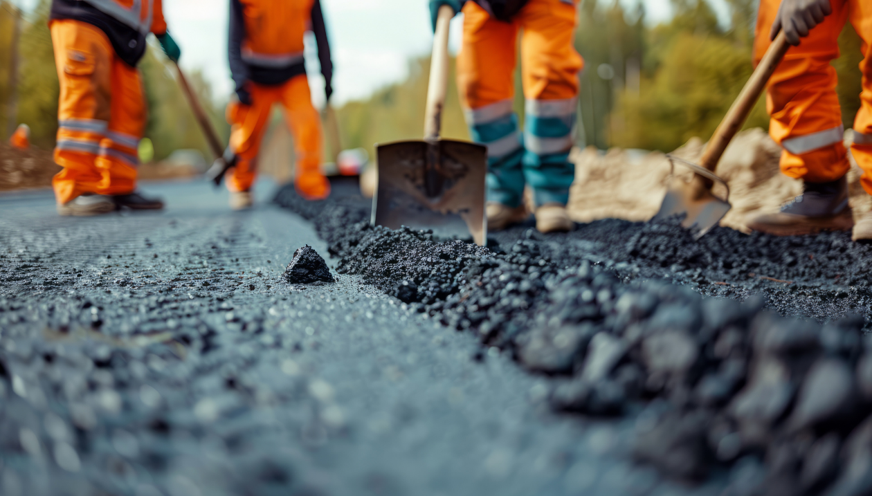 Des travailleurs de la construction posent de l'asphalte.