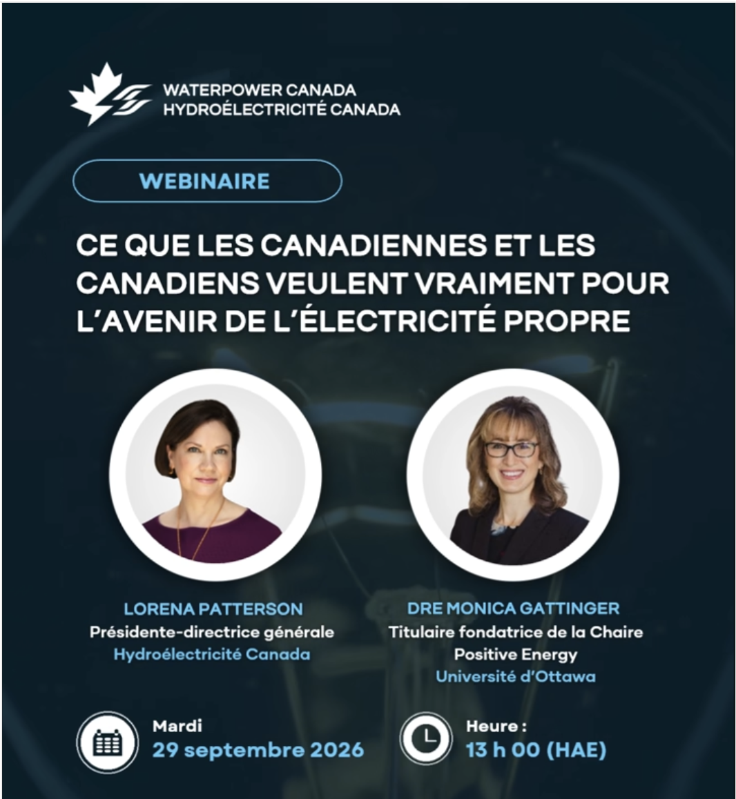 Poster du webinaire d' Hydroélectricité Canada, avec Lorena Patterson et Monica Gattinger
