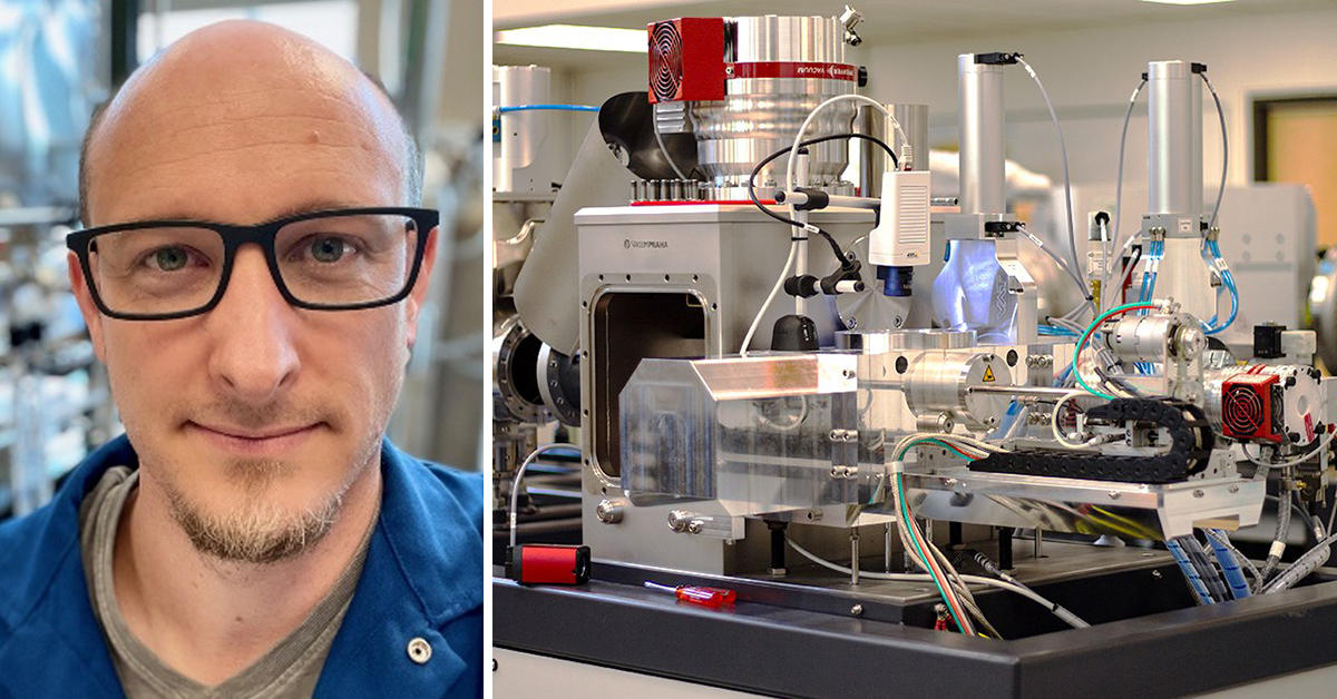 Brett Walker, à gauche, mini-spectromètre de masse par accélérateur pour la datation au radiocarbone, à droite