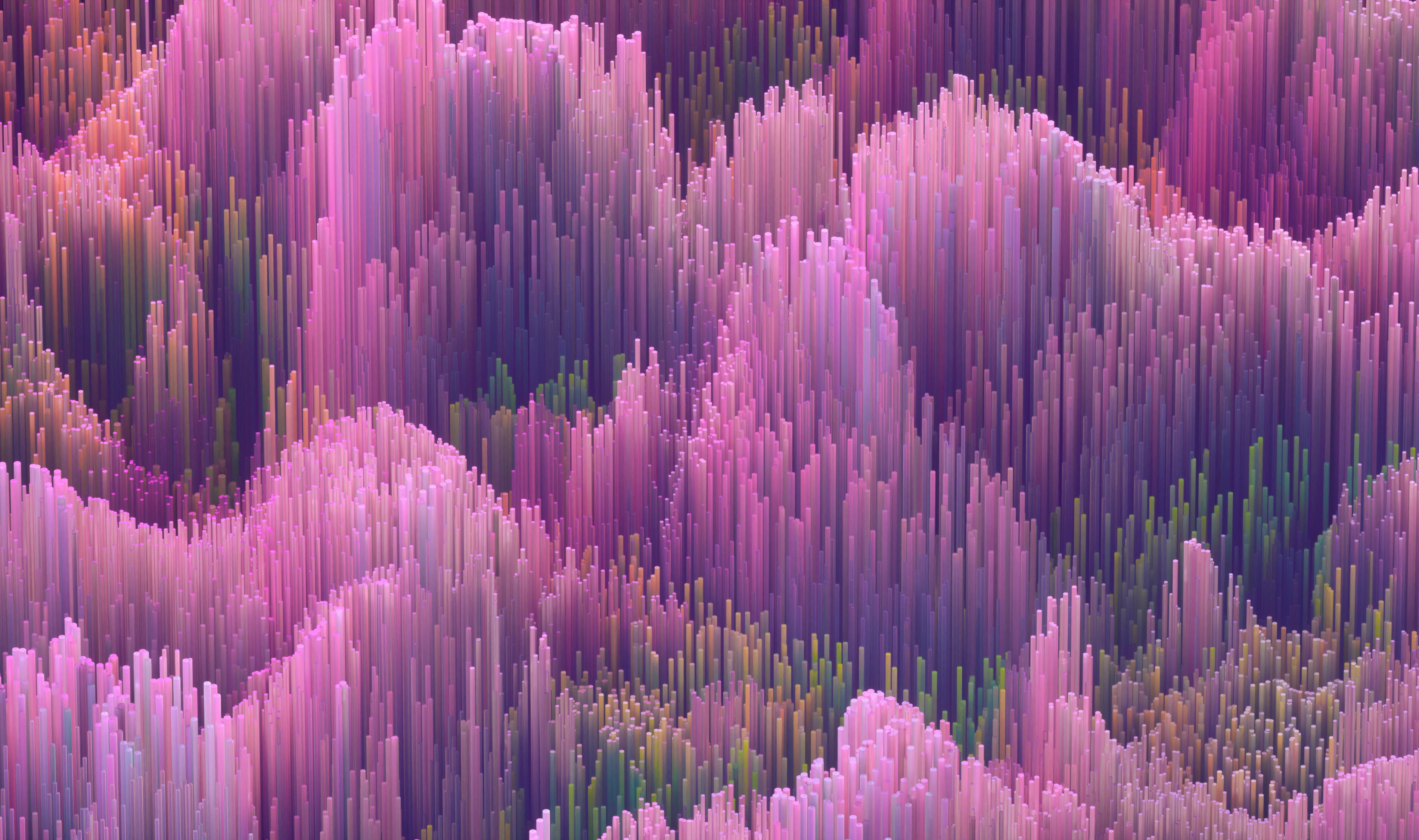Abstract digital artwork with vertical pink, purple and lavender lines forming a textured, wave-like landscape.