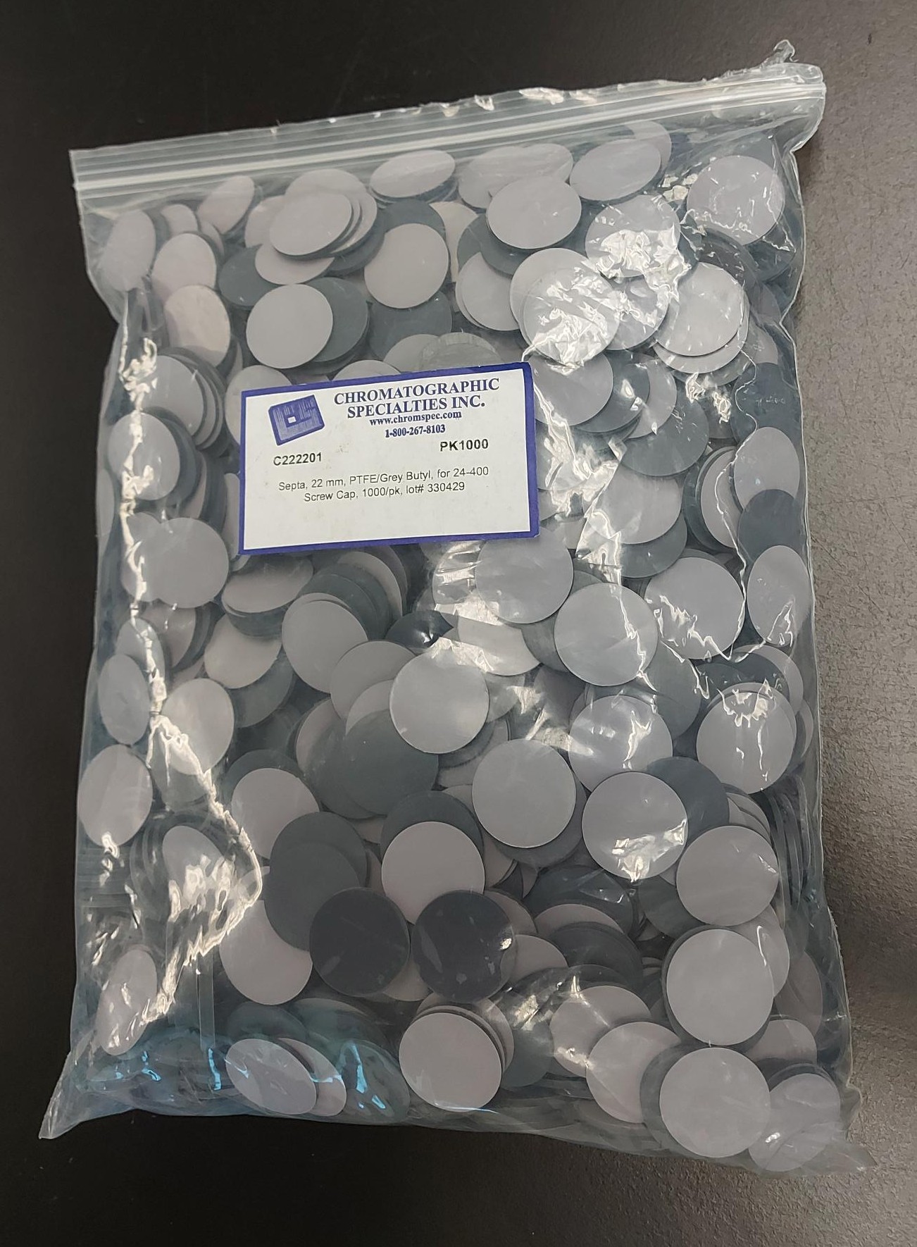 Septa, 22 mm, PTFE/Grey Butyl, for 24-400 Screw Cap, 1000/pk