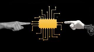 A human hand connected to a robot hand through digitization