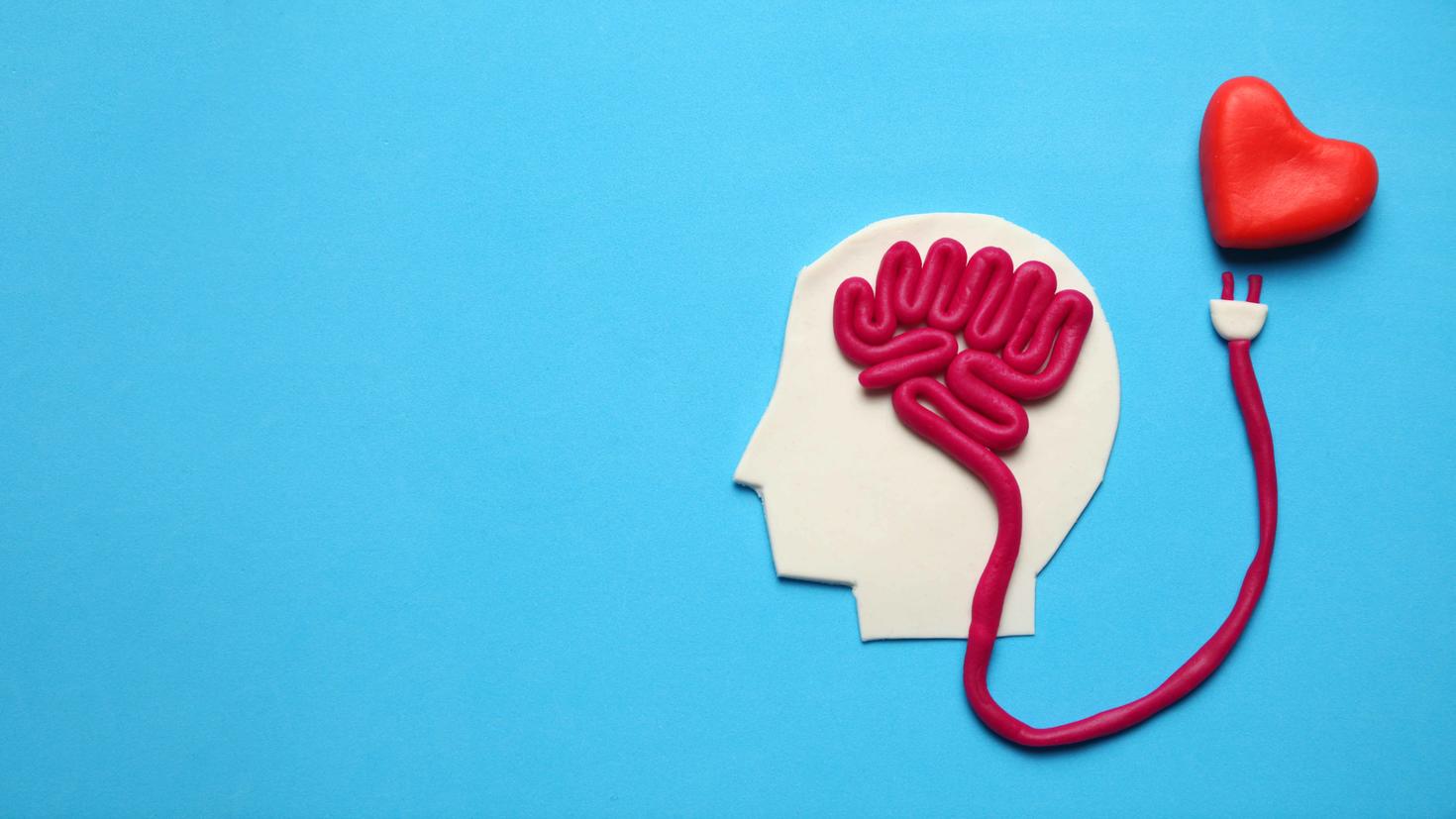 Blue background with a sketch of head with a brain connected to the heart