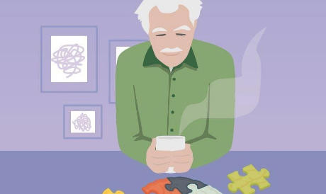 Illustration of elderly person drinking coffee.