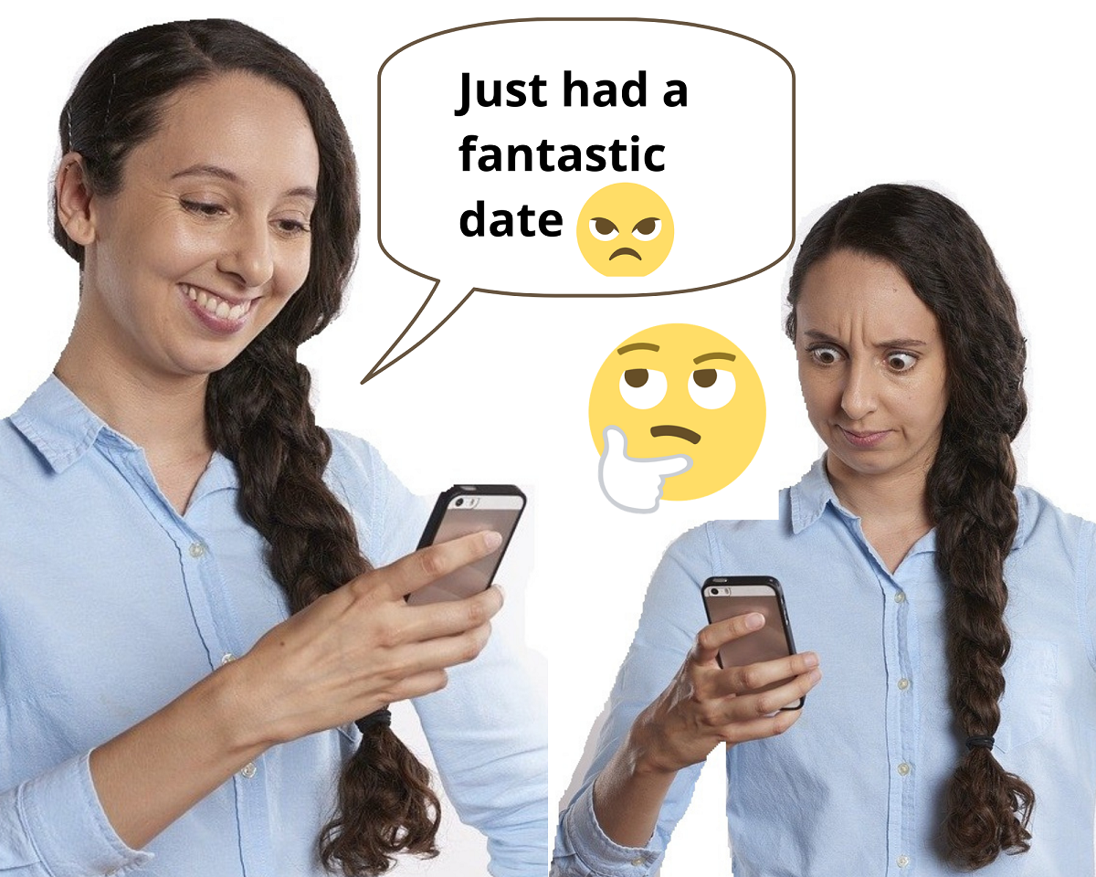 Woman reacting with bewilderment to a text message