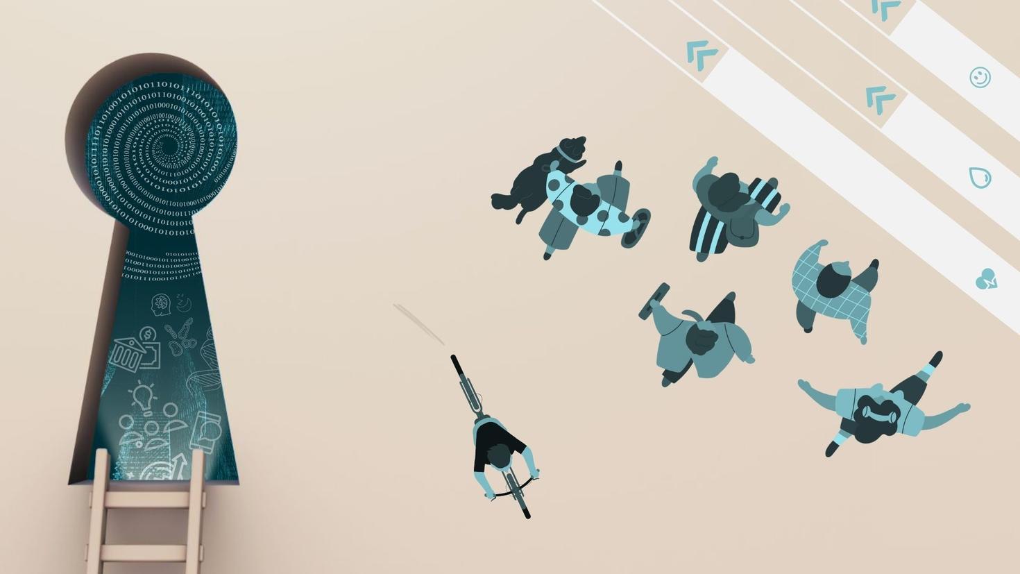 a ladder leading up to a large keyhole giving a peek on data and science symbols while the right side of the image shows pedestrians going over a crosswalk made of health-themed progress bars 