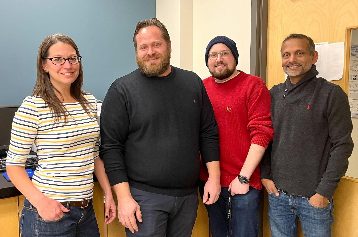 Prof. Jaclyn Brusso, postdoctoral fellow Alexandros Kitos, MSc student Michael Triglav and Prof. Muralee Murugesu, standing in the Brusso laboratory in the Biosciences Complex (uOttawa campus).