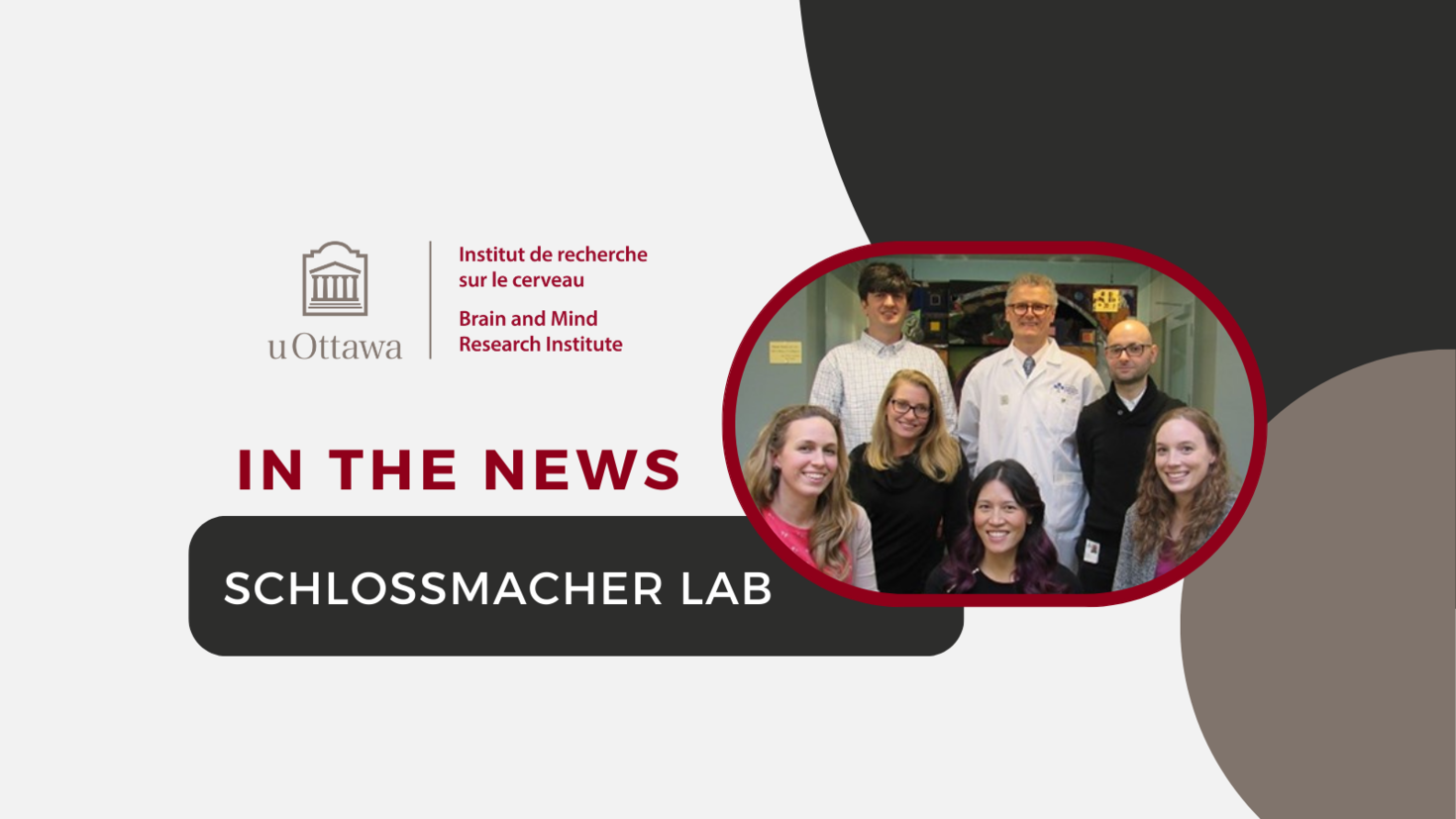 uOBMRI logo and text that reads, "In the news. Schlossmacher Lab." A picture of the members of the Schlossmacher lab is also featured. 