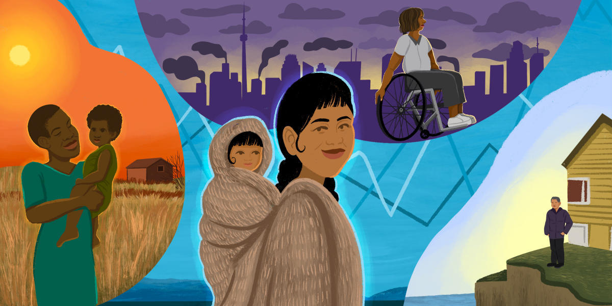 Painting of people living in different settings across Canada