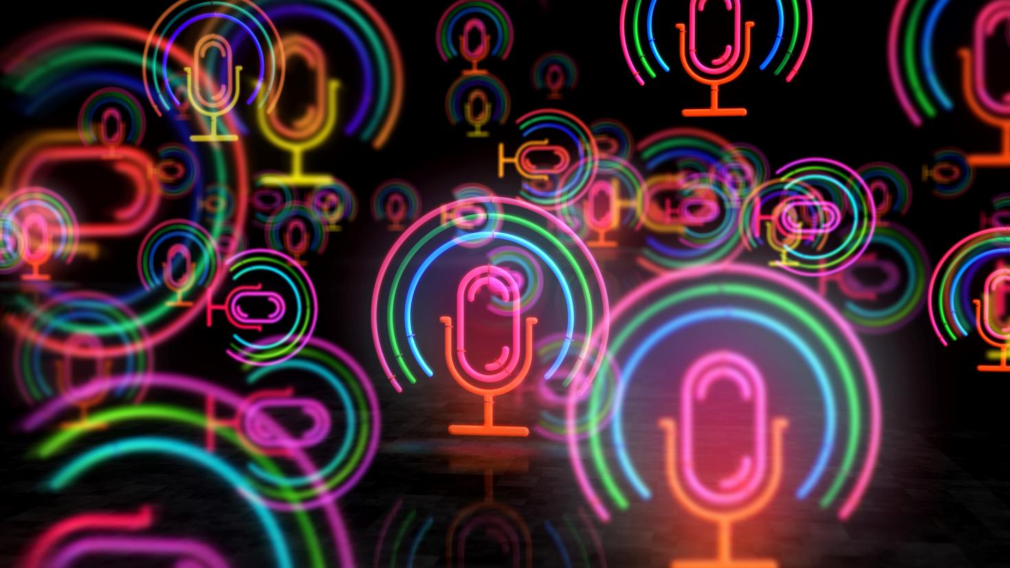 Multiple colourful podcast symbols over a black background.