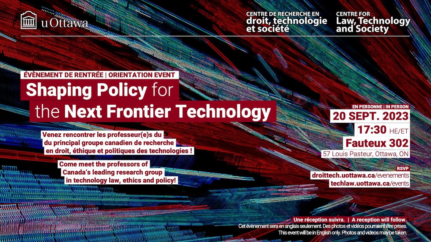 Poster for Shaping Policy for the Next Frontier Technology lecture info