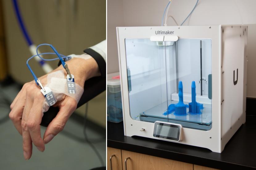 Electrodes secured to a hand (left) and dynamometer covers in a 3D printer (right)