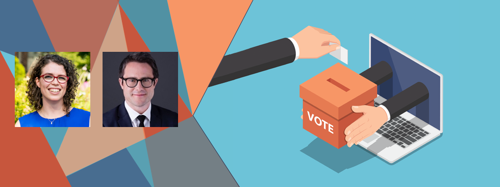 Profile pictures of Elizabeth Dubois and Taylor Owen over a background representing voting online.