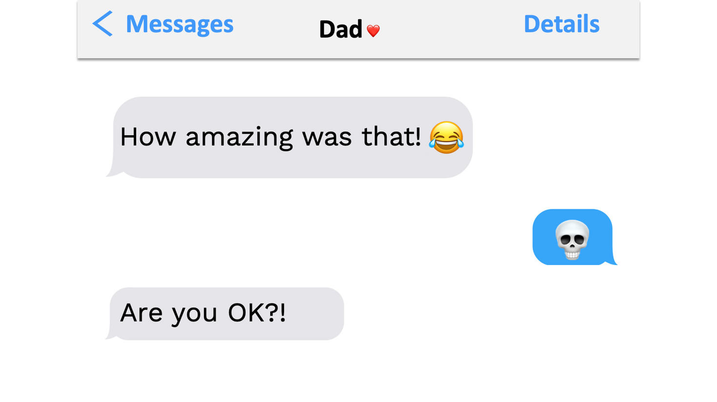 Screenshot conversation between a dad and his kid about emojis.