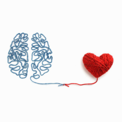 traced with a woollen cord of a brain and a heart, tied together at the center of the image