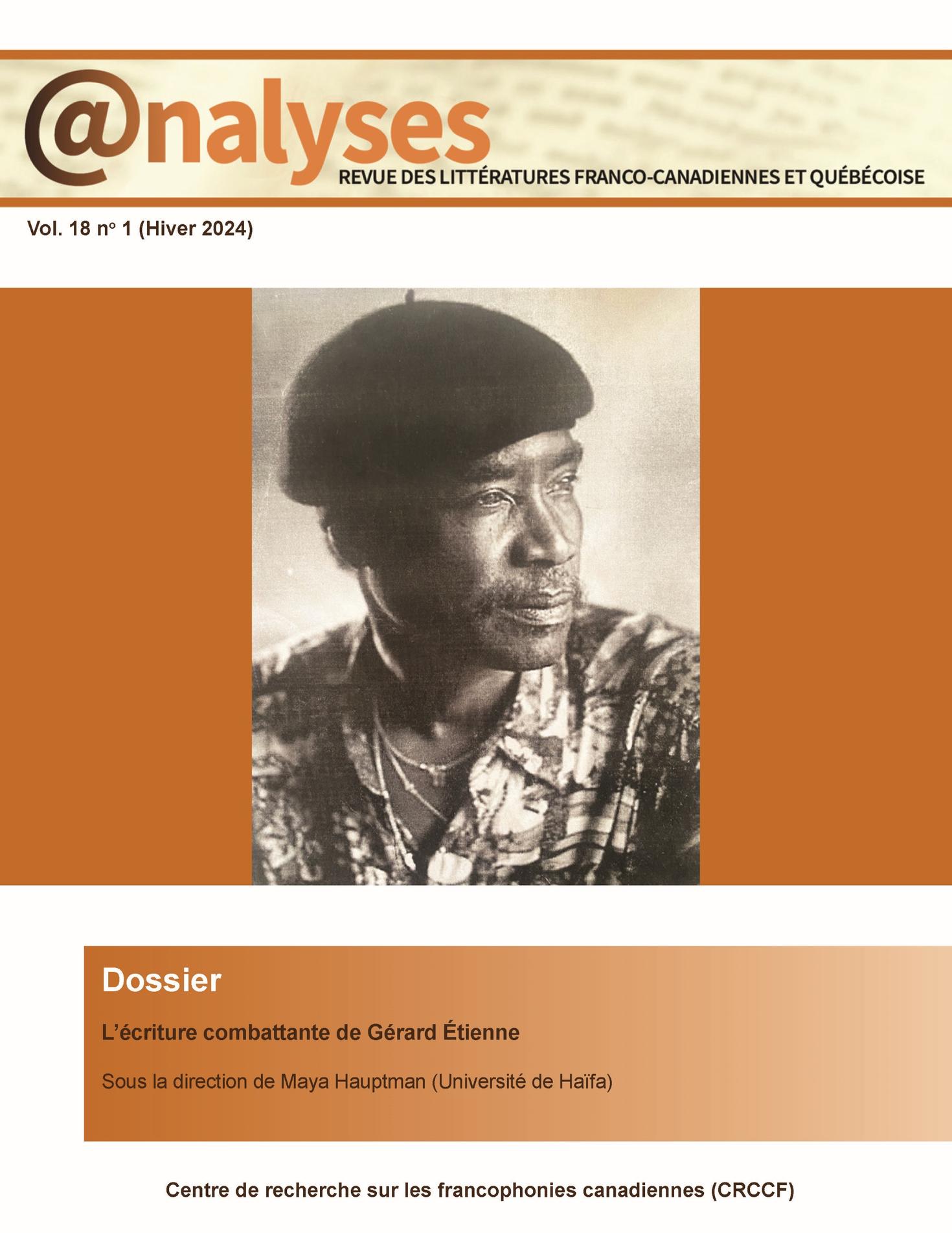 Couverture de la revue @nalyses, de couleur orange brulé avec un portrait sépia de Gérard Étienne, au centre