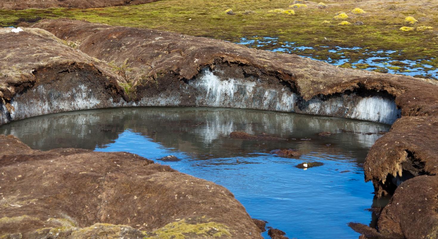 Soil affected by permafrost with a body of water in the centre.