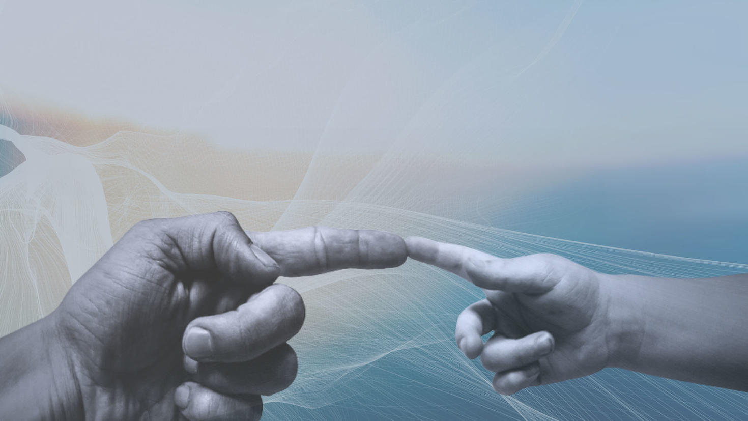 Adult and child hand touching against a blue abstract background