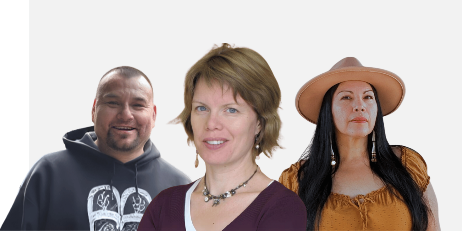 Three individuals standing side by side with their faces obscured. One wears a black hoodie, another a purple top, and the third an orange blouse with a wide-brimmed hat