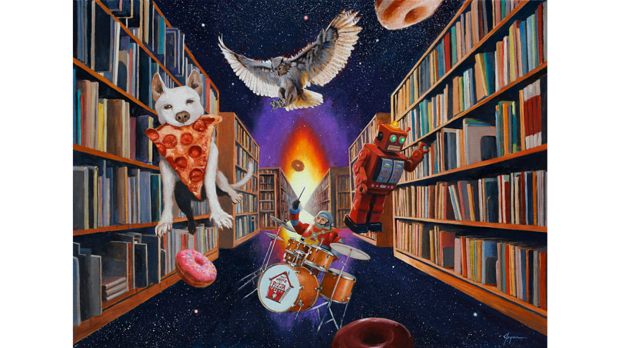 illustration of a dog eating pizza, drummer and robot in a library, by Eric Joyner