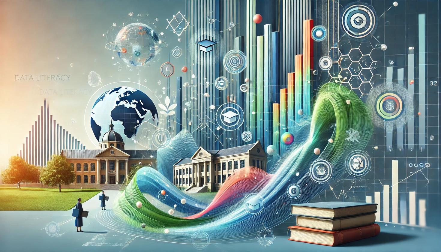 Abstract data visualizations and academic elements that reflect the themes of data literacy, education, and innovation