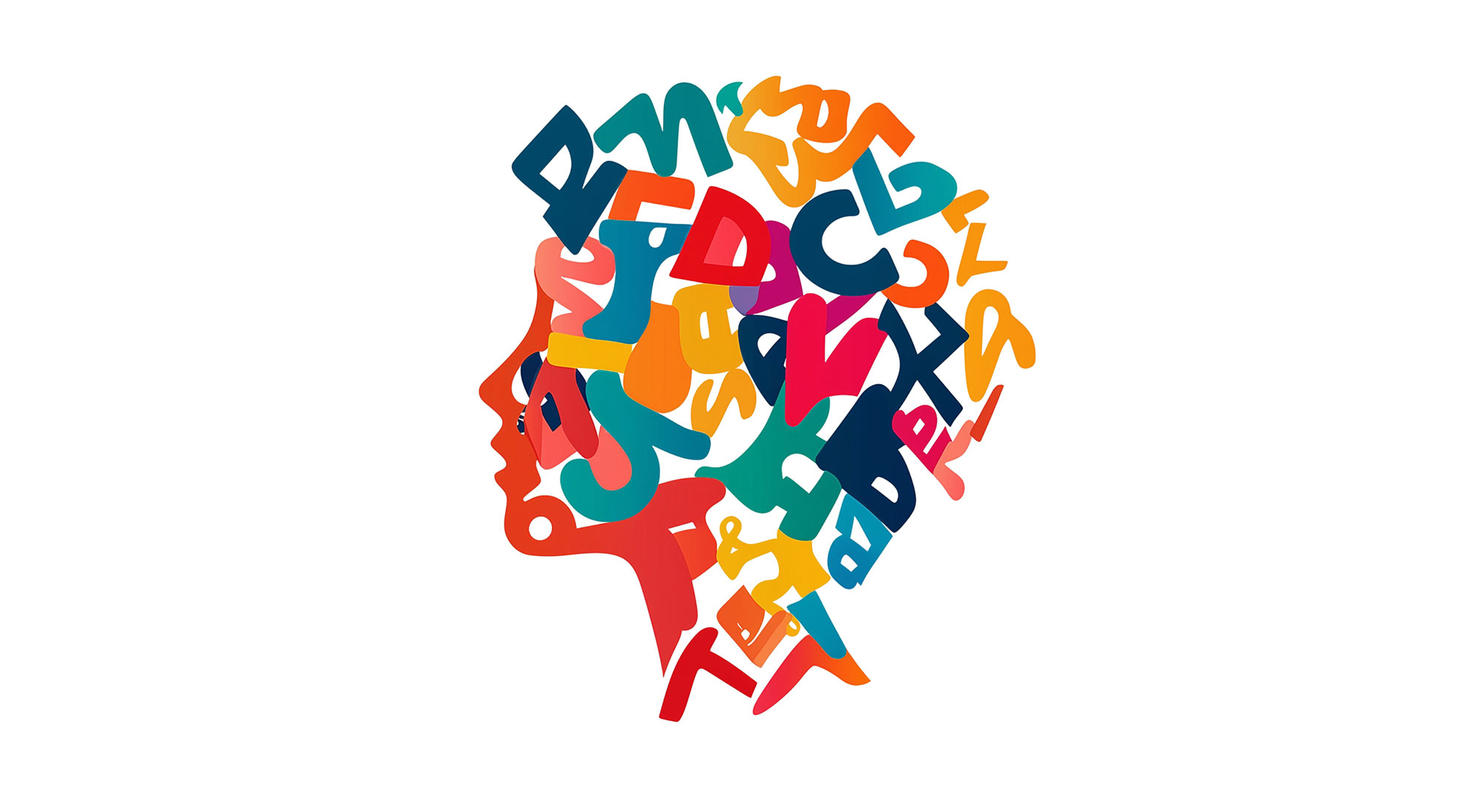 A colourful illustration of a human head silhouette composed of overlapping, multicoloured letters and symbols on a white background.