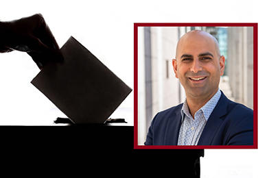 A silhouette of a hand placing a ballot into a box, with an inset photo of Michael Pal smiling framed in red on the right.