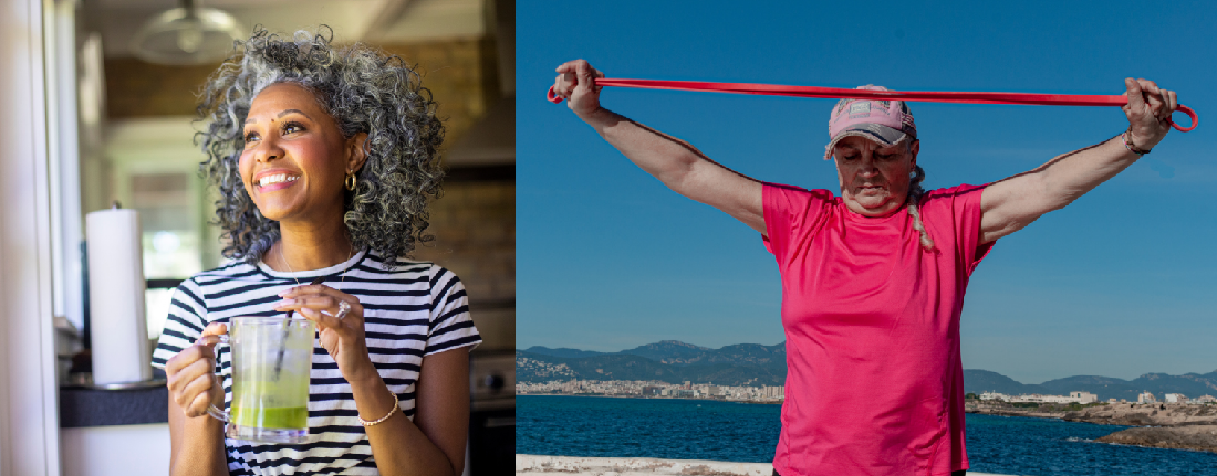 Black woman drinking smoothie and older white woman stretching out