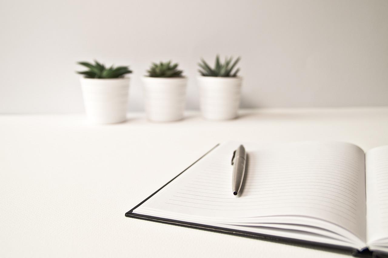 Open blank notebook with potted plants in the background.