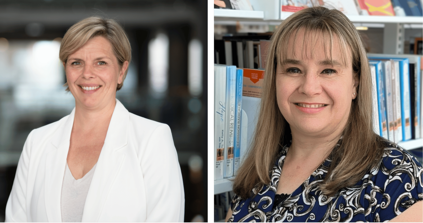 Two women side by side, one wearing a white blazer in an office setting, the other in a patterned blouse standing by bookshelves.