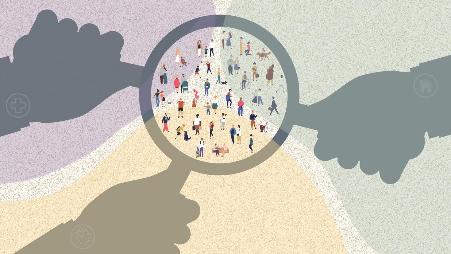 A group of people being scrutinized by three hands holding a magnifying glass.