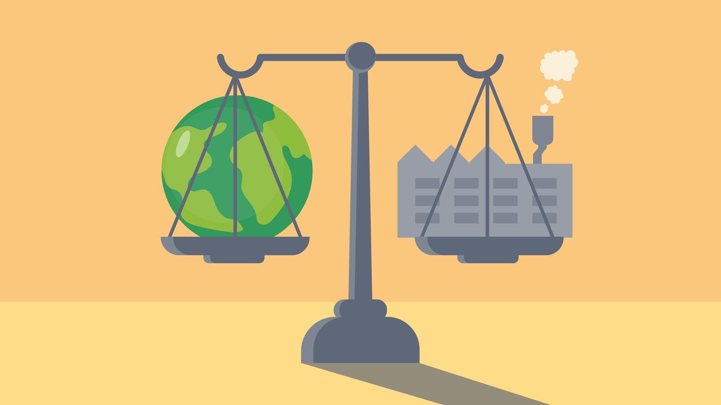 The image is a drawing of a balance scale. On one side, there is a green globe representing the Earth. On the other side, there is a factory with smokestacks.