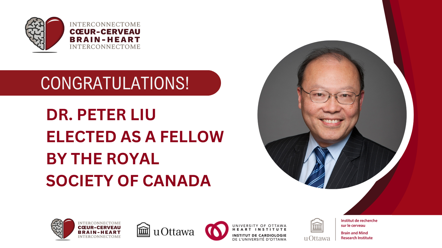 Text in the graphic writes "Congratulations! Dr. Peter Liu Elected as a Fellow by the Royal Society of Canada"