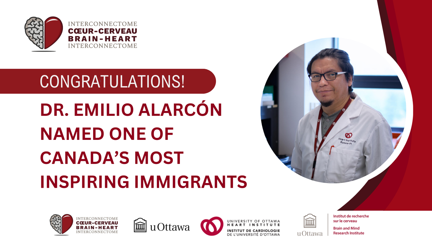 Text reads "Congratulations! Dr. Emilio Alarcon named one of Canada's most inspiring immigrants."