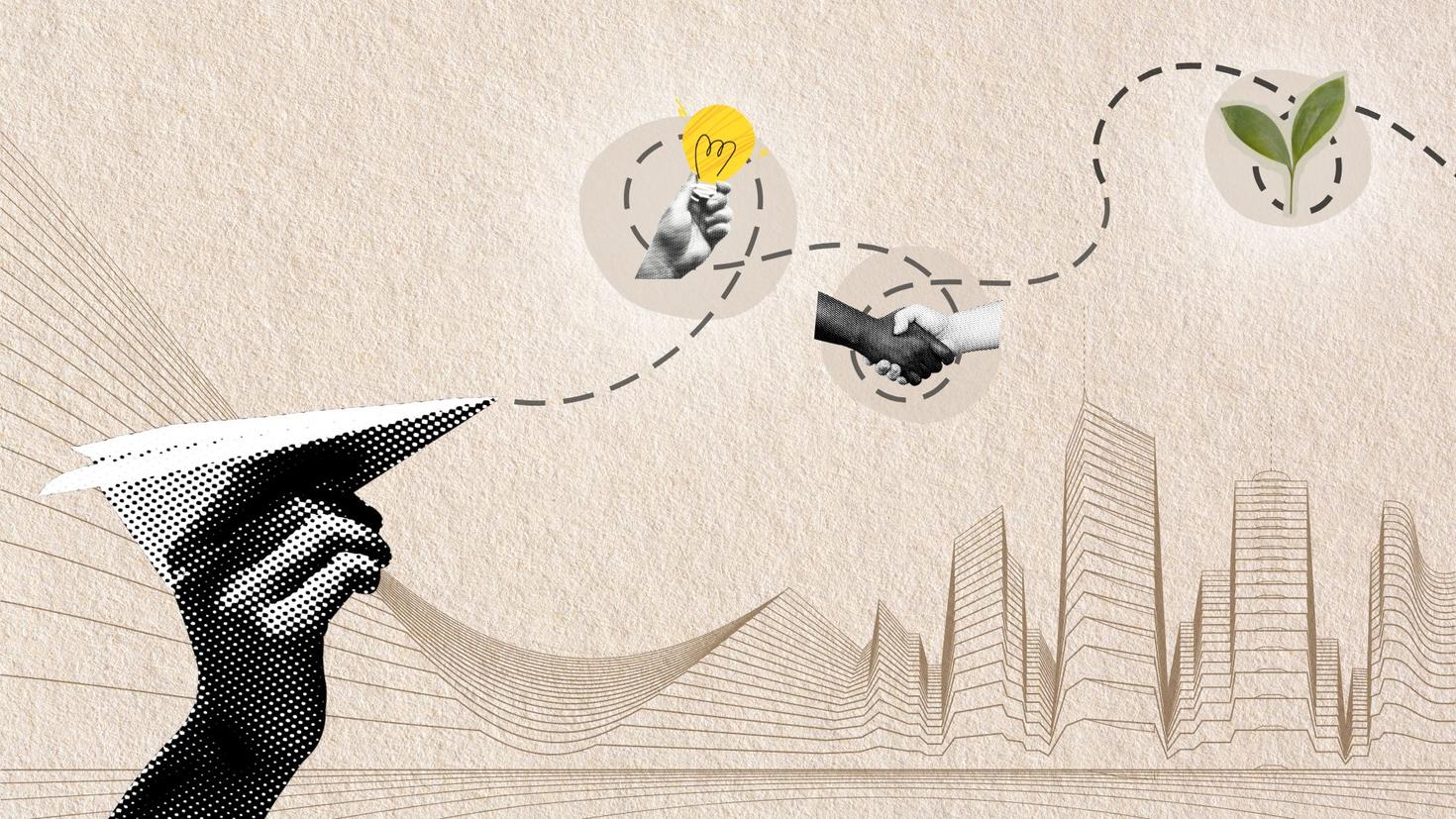 Hand holding a paper airplane flying over a line with icons for innovation, partnership, and growth, against an urban background.