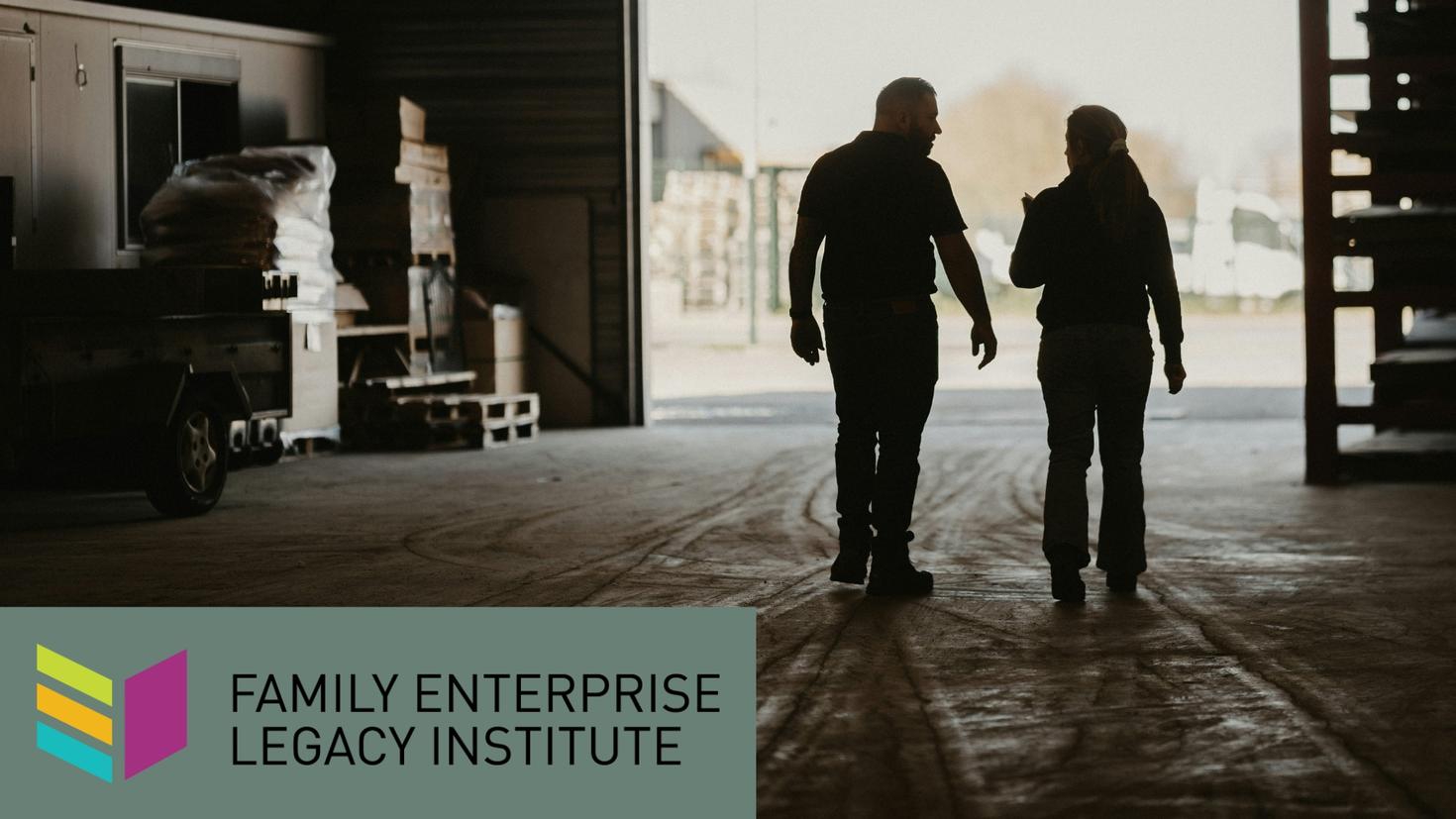 Photo of an elderly man and a woman walking through a garage, shot from behind. The Family Enterprise Legacy Institute Logo is in the bottom left-hand corner on an olive-green background.