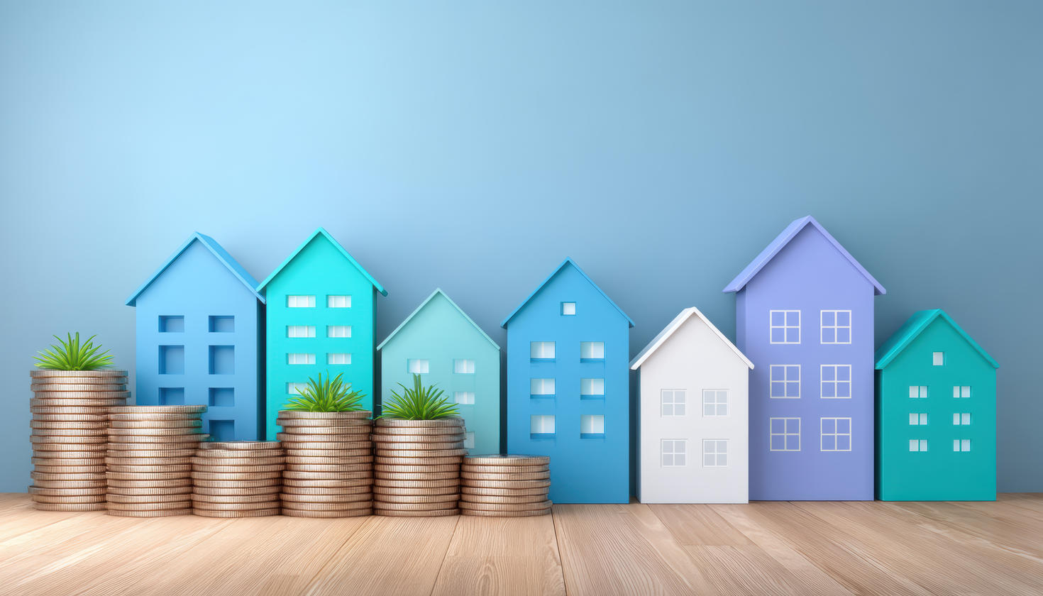 Rangée de maisons et de pièces de monnaie