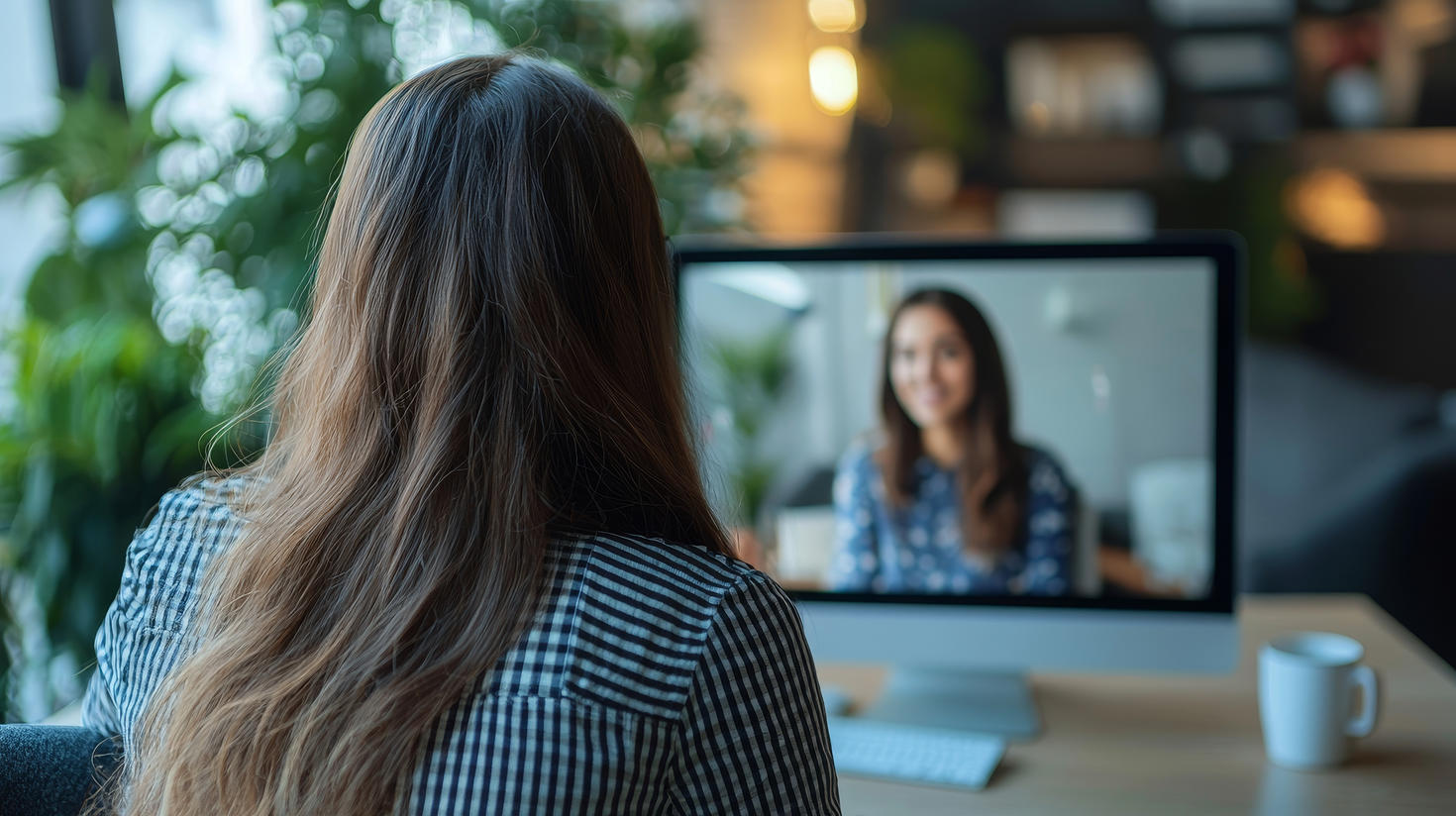 A woman is talking on a screen to another woman