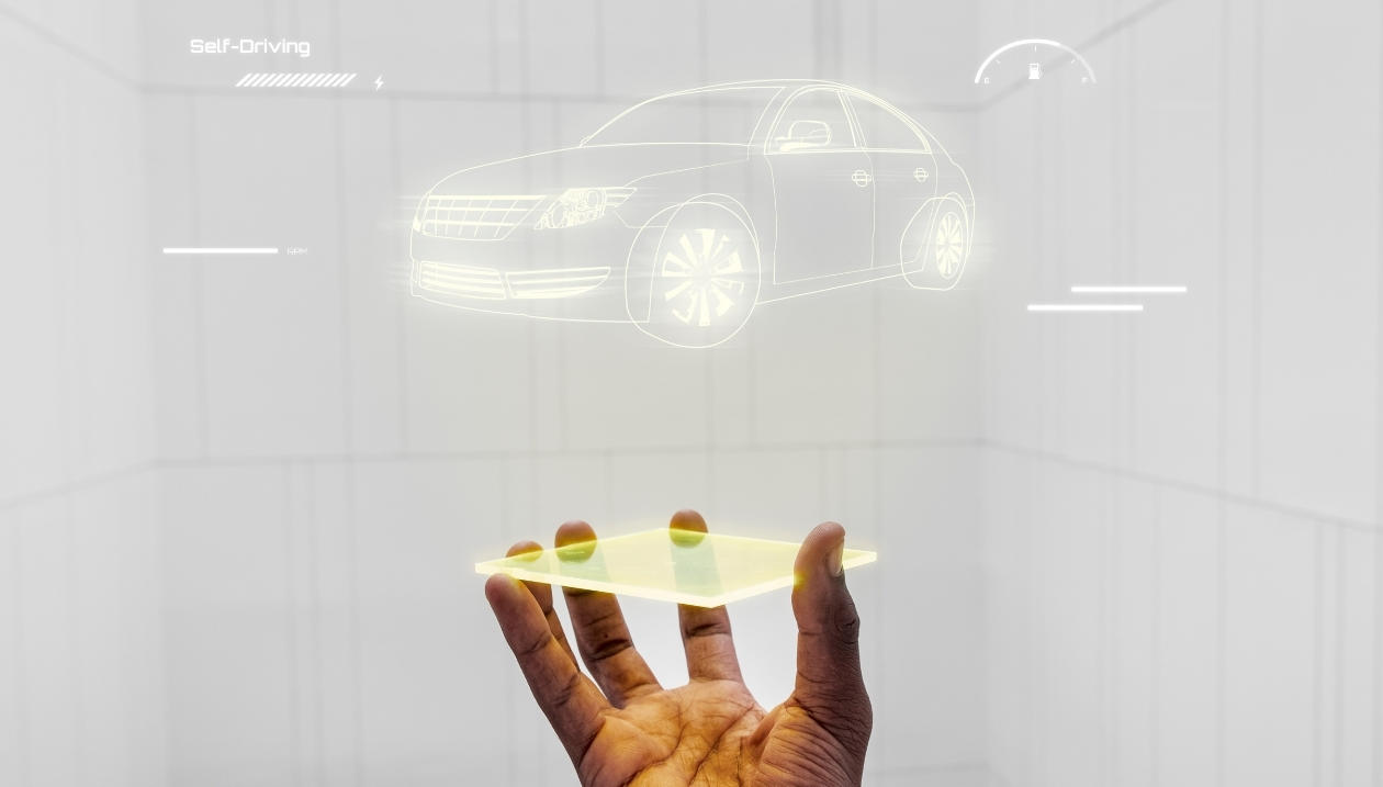 Futuristic hologram of car with specifications.