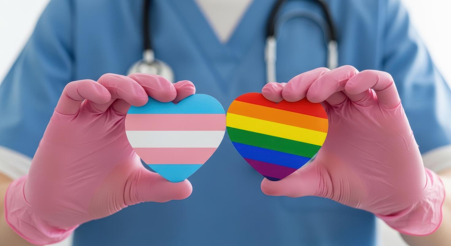 A photo of a health professionnal with a LGBT flag heart and a transgender flag heart
