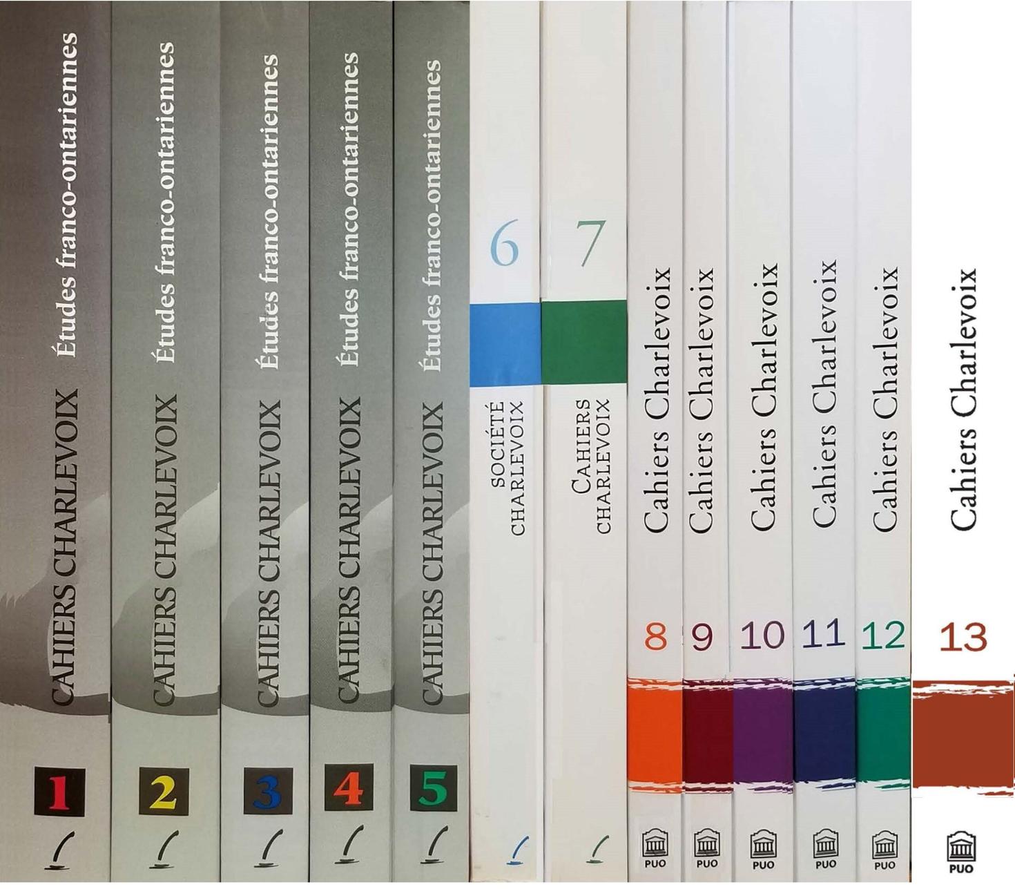 Exemplaires des Cahiers Charlevoix vus de dos, par ordre de parution